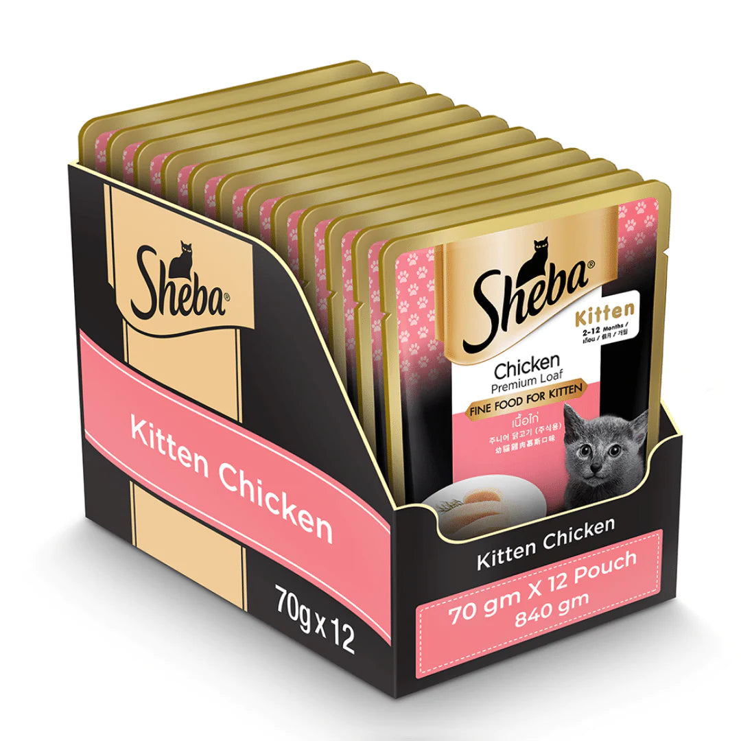 Sheba Premium Wet Cat Food - Chicken Loaf for Kittens (70g x 12 Pouches)