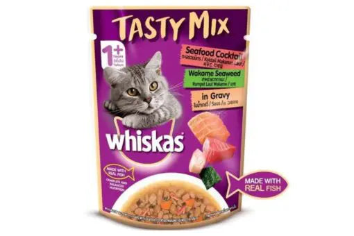 Whiskas Tasty Mix Seafood Cocktail Wakame Seaweed in Gravy (70g X 14) Pack of 14