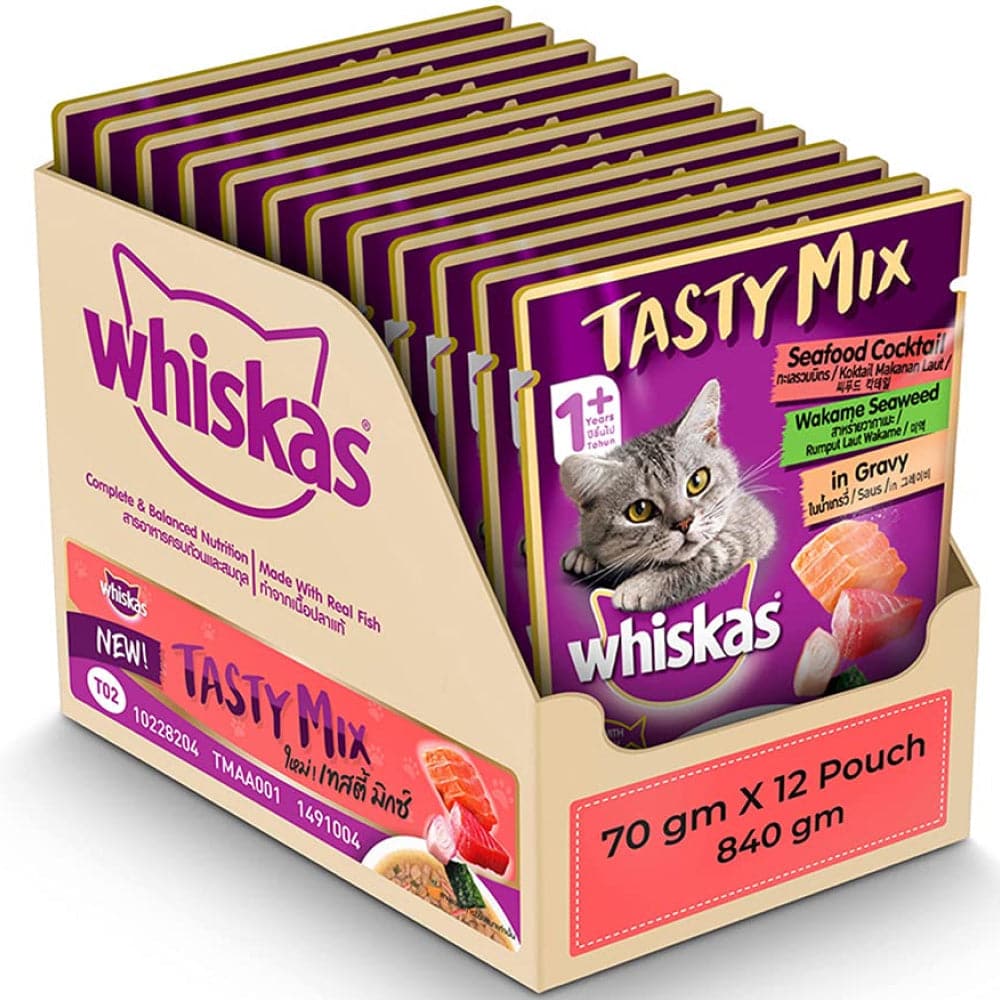 Whiskas Tasty Mix Seafood Cocktail Wakame Seaweed in Gravy 70g - Petzzing